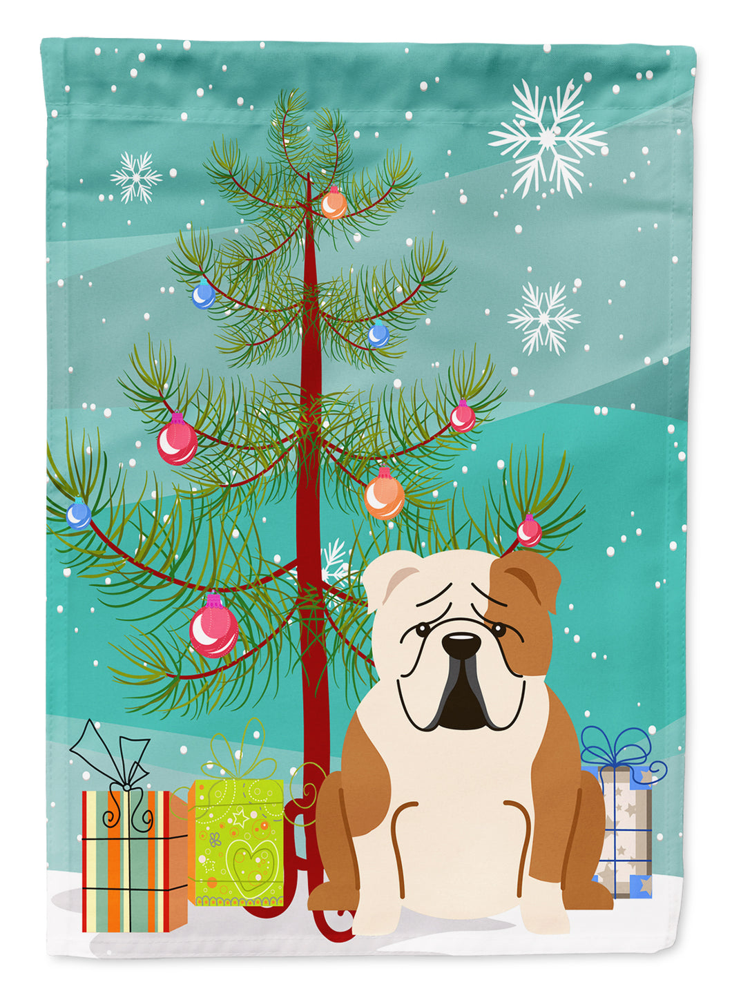 11 x 15 1/2 in. Polyester Merry Christmas Tree English Bulldog Fawn White Garden Flag 2-Sided 2-Ply