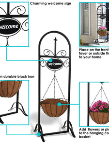 Decorative Welcome Sign and Hanging Flower Basket Planter Stand