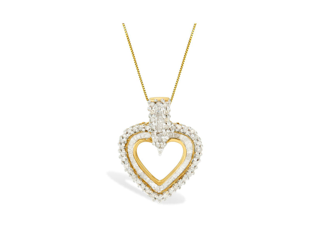 10K Yellow Gold Round and Baguette Cut Diamond Heart Shaped Pendant Necklace