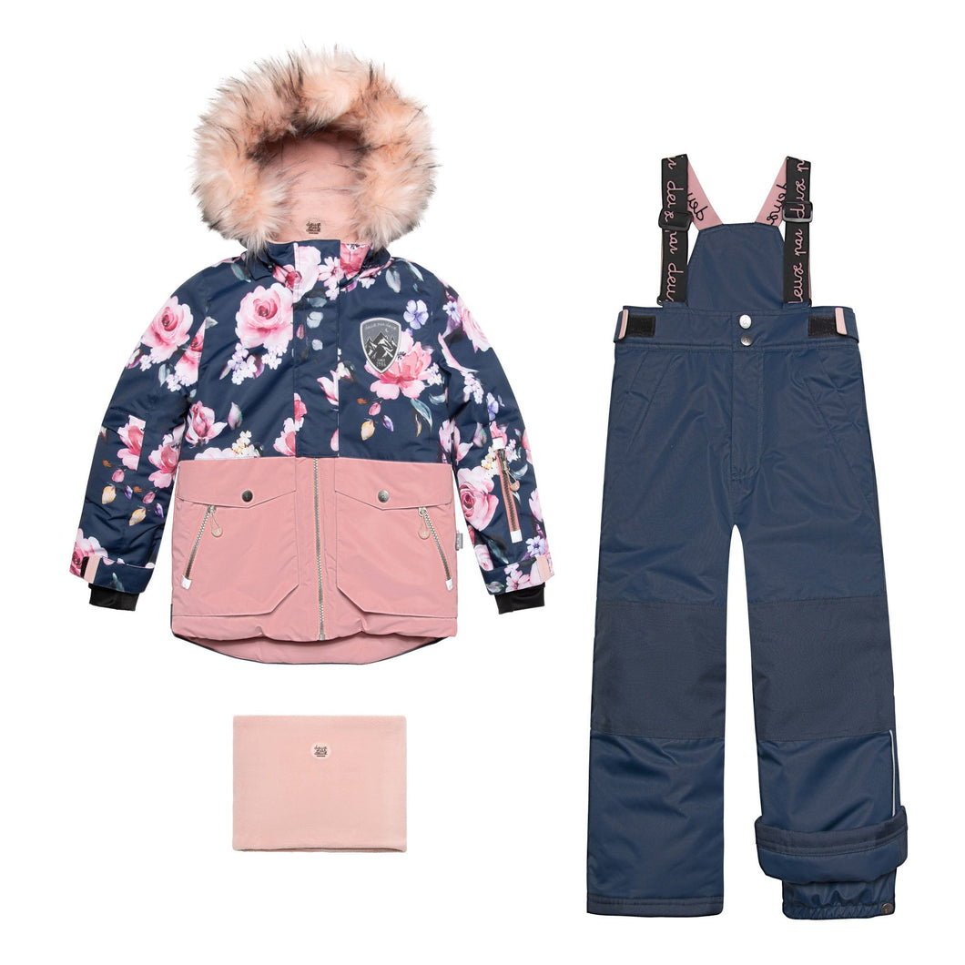 Printed Roses Two Piece Snowsuit Dusty Rose With Navy Pant