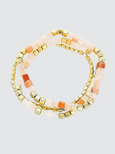 Peach & Gold Bead Multi Row Stretch Bracelet Set