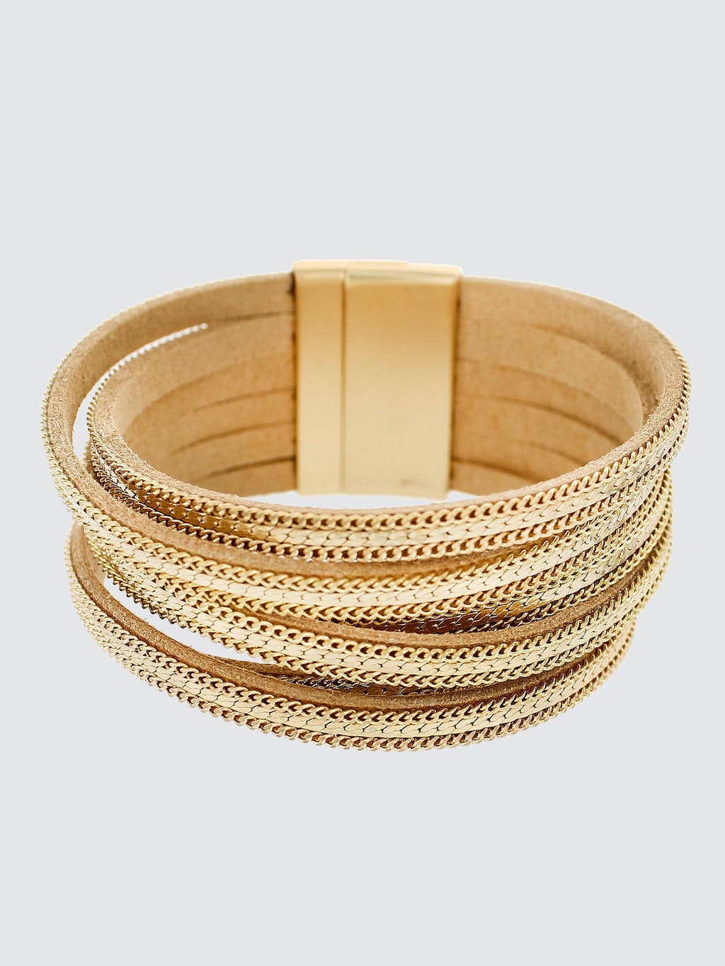 Beige Leather Gold Chain Multi Row Magnetic Bracelet