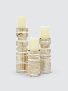 Carved Wooden Pillar Candle Holders - Set Of 3