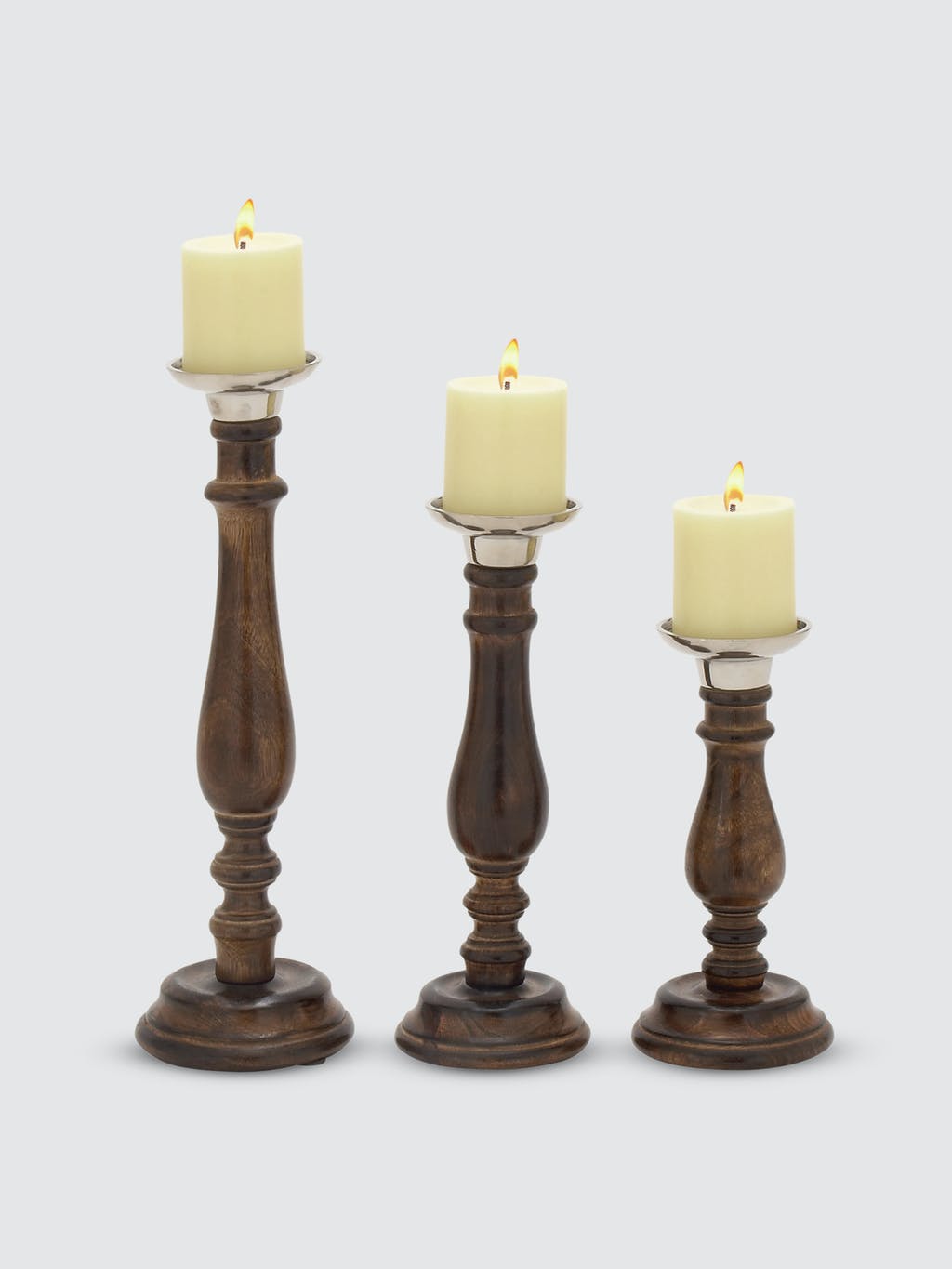 Mango Wood Carved Column Candle Holders, Set Of 3