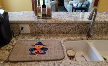 Load image into Gallery viewer, 14 in x 21 in Halloween Pumpkin and Bat Fleur de lis on Faux Burlap Dish Drying Mat