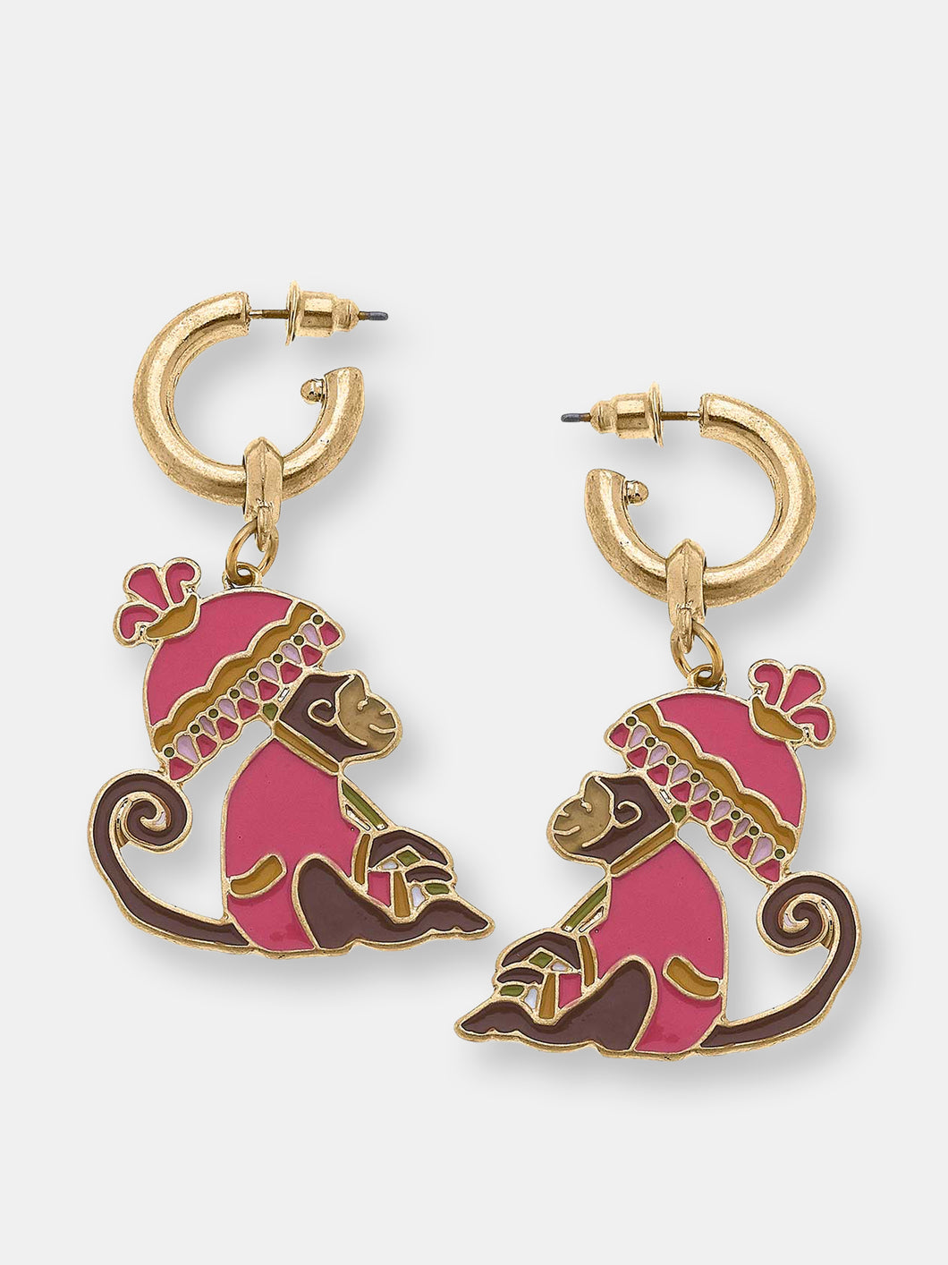 Remy Enamel Monkey Earrings in Pink & Brown