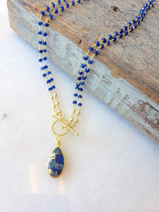 Michaela Double Lariat Necklace in Sapphire with Blue Mojave Copper Turquoise Drop