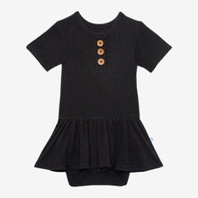 Load image into Gallery viewer, Black Ribbed Short Sleeve Henley Twirl Skirt Bodysuit