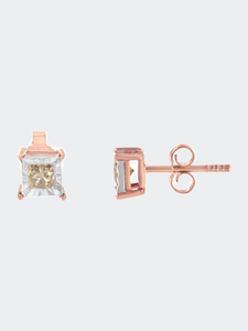 14K Rose Gold Plated Two-Tone .925 Sterling Silver 1/2 Cttw Princess-Cut Square Diamond Solitaire Miracle-Plate Stud Earrings