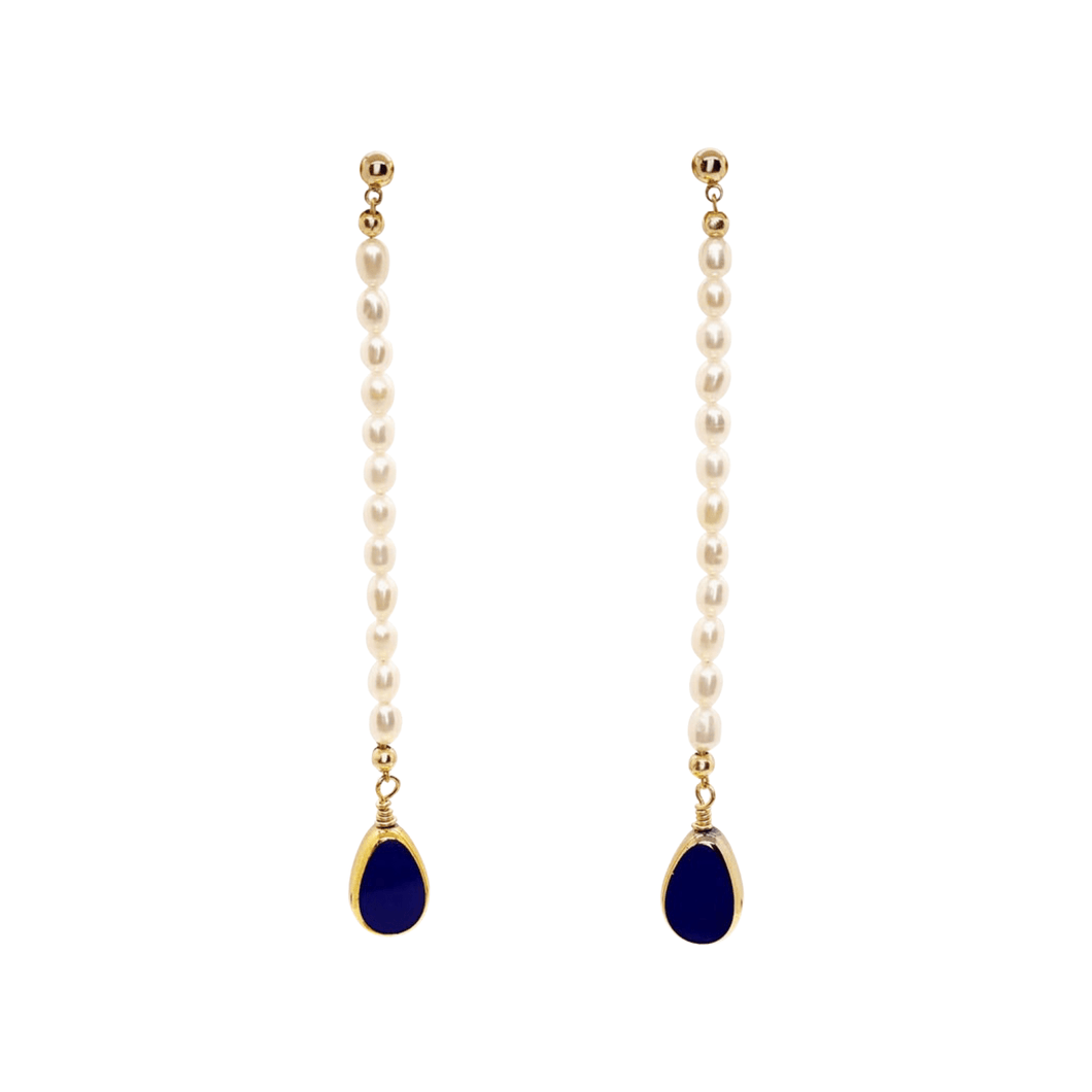 Blue Opaque Teardrop X Pearls Earrings