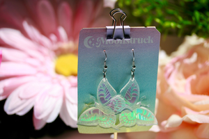 Butterfly Earrings- Winged Creature Moth Monarch Insect Luna Bug Acrylic Laser Cut Iridescent Reflective Rainbow Opalescent Festival Rave