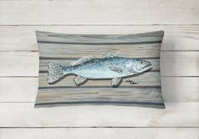 Load image into Gallery viewer, 12 in x 16 in  Outdoor Throw Pillow Speckled Trout Fish on Pier Canvas Fabric Decorative Pillow