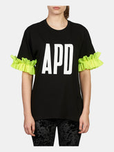 Load image into Gallery viewer, Black Logo Tee with Neon Ruffle