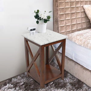 Agatha 15" Square Italian Carrara White Marble Side Table With Walnut Color Solid Wood Legs