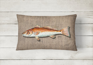 12 in x 16 in  Outdoor Throw Pillow Fish Red Fish  on Faux Burlap Canvas Fabric Decorative Pillow