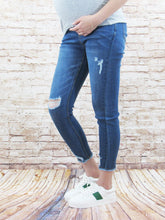 Load image into Gallery viewer, Jagged Hem Destructed Maternity Jean with Belly Band