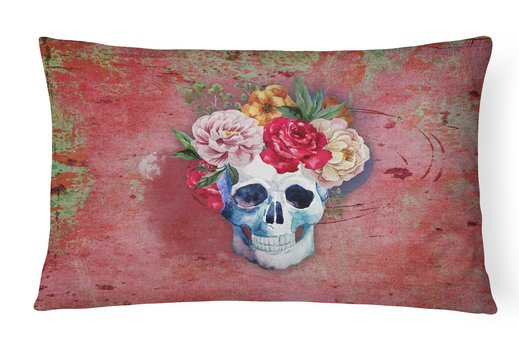 12 in x 16 in  Outdoor Throw Pillow Day of the Dead Red Flowers Skull  Canvas Fabric Decorative Pillow