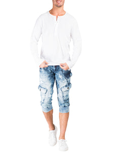 Men's Premium Jogger Capri Knit Denim Shorts Distressed Cargo Pocket 18" Inseam