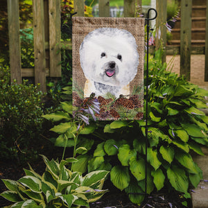 Bichon Frise Faux Burlap And Pine Cones Garden Flag 2-Sided 2-Ply