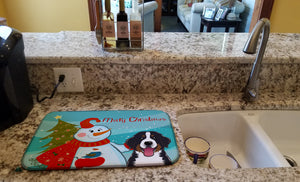 14 in x 21 in Snowman with Bernese Mountain Dog Dish Drying Mat