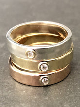 Load image into Gallery viewer, Sterling Silver With 14K Gold &quot;Liquid Metal&quot; Narrow Hammered Band With Diamond