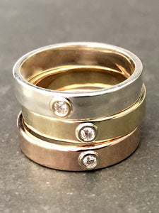 Sterling Silver With 14K Gold "Liquid Metal" Narrow Hammered Band With Diamond