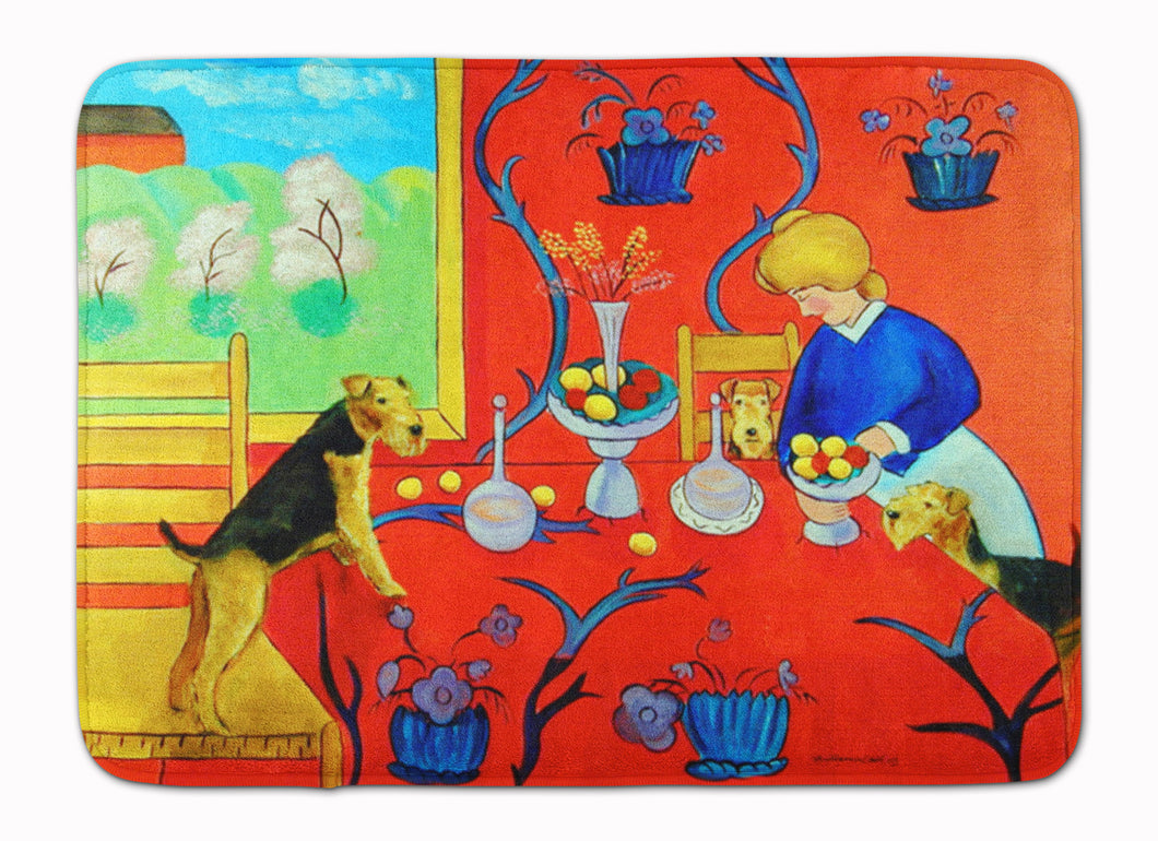19 in x 27 in Airedale Terrier with lady in the kitchen Machine Washable Memory Foam Mat