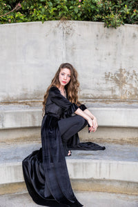 Velvet Peignoir Dressing Gown - Black