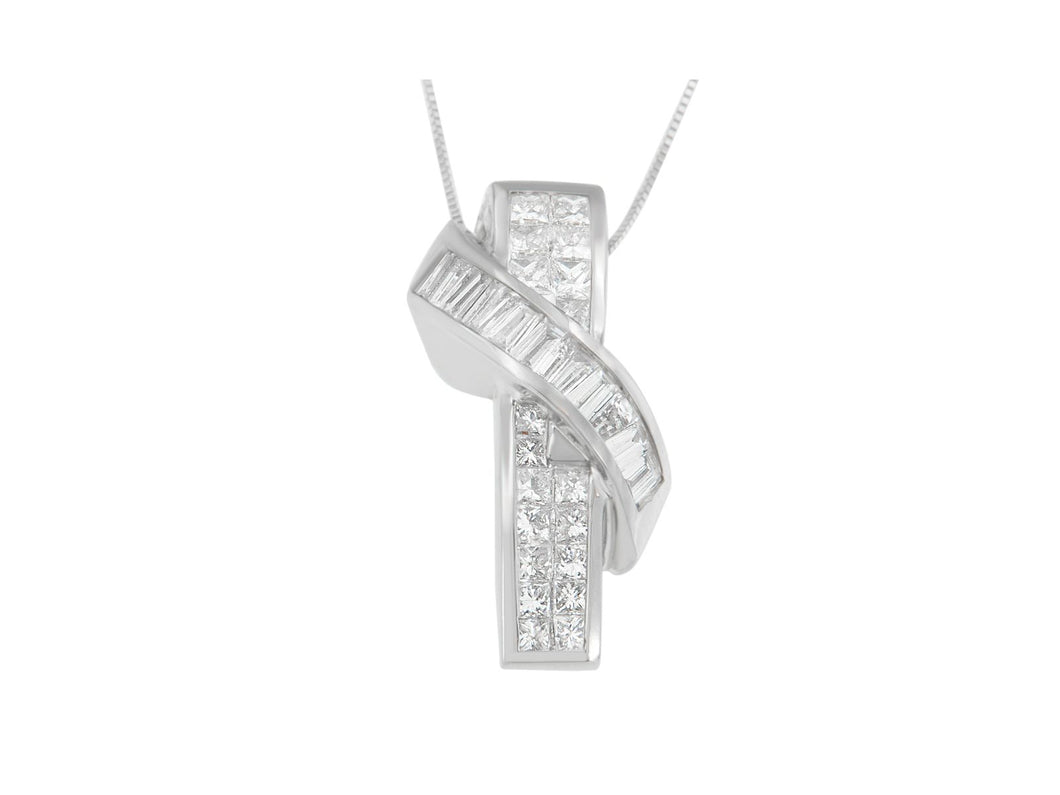 14K White Gold Princess and Baguette Cut Diamond Wrap Pendant Necklace