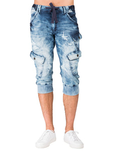 Men's Premium Jogger Capri Knit Denim Shorts Distressed Cargo Pocket 18" Inseam