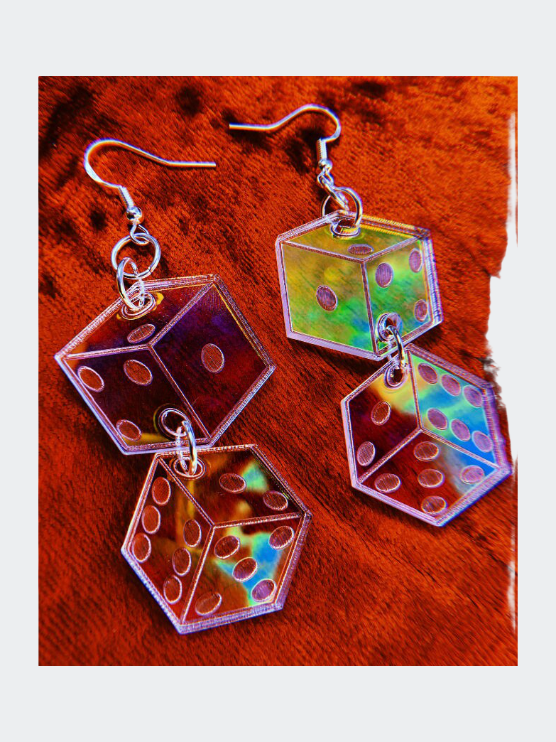 Iridescent Dice Earrings - Gambling Dominoes Shakers Bones Craps Casino Bet Las Vegas Gaming Lasercut Reflective Rainbow Dangle