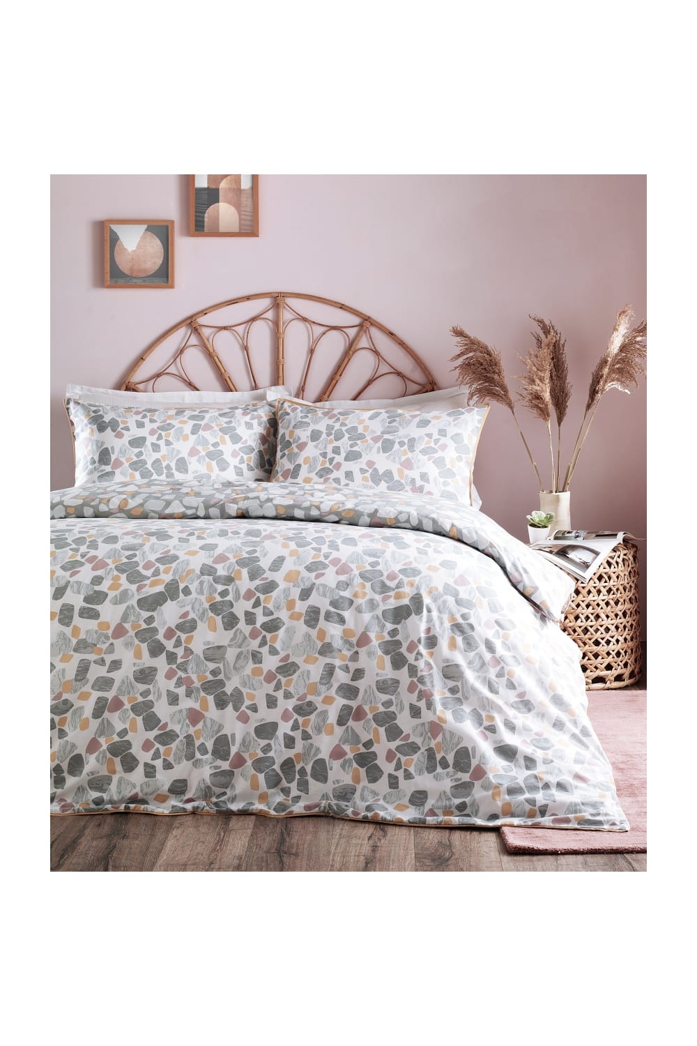 Furn Terrazo Duvet Cover Set With Marble Stone Print Design (Gray/Blush Pink/Ochre) (Super King)