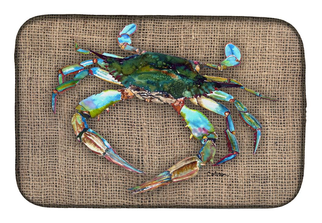 14 in x 21 in Blue Crab on Faux Burlap Dish Drying Mat