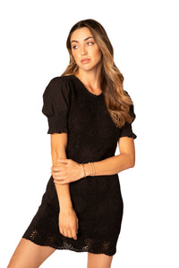 Crochet Puff Sleeve Dress - Black