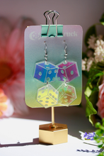 Load image into Gallery viewer, Iridescent Dice Earrings - Gambling Dominoes Shakers Bones Craps Casino Bet Las Vegas Gaming Lasercut Reflective Rainbow Dangle