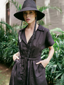 Arya Safari Linen Midi Dress in Black