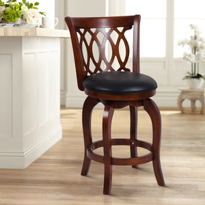 Canovia Dark Cherry Full Back Wood Frame Swivel Bar Stool with Faux Leather Seat