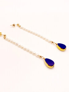 Blue Opaque Teardrop X Pearls Earrings