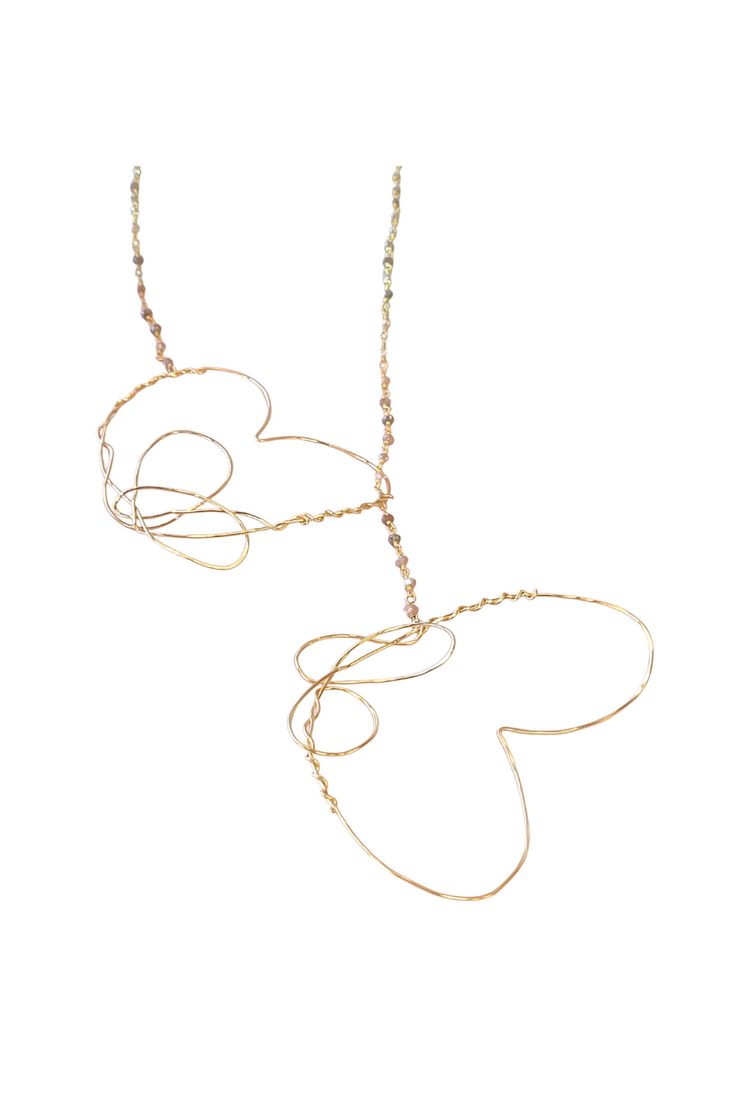 Lariat Necklace in Peach Moonstone with Gold Hearts