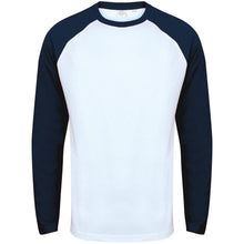 Load image into Gallery viewer, Skinnifit Mens Raglan Long Sleeve Baseball T-Shirt (White / Oxford Navy)