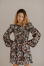 Load image into Gallery viewer, Sadie Bateau Neck Mini Dress With Corset Seam Details / Black Floral Cotton