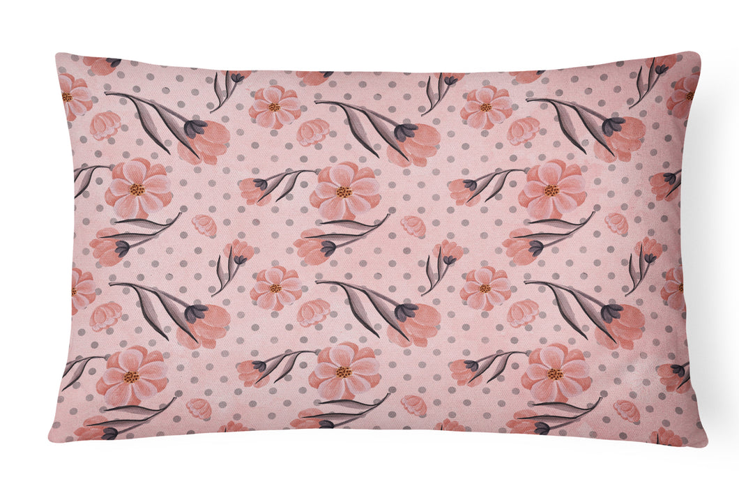 12 in x 16 in  Outdoor Throw Pillow Pink Flowers and Polka Dots Canvas Fabric Decorative Pillow