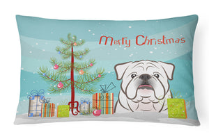 12 in x 16 in  Outdoor Throw Pillow Christmas Tree and White English Bulldog  Canvas Fabric Decorative Pillow