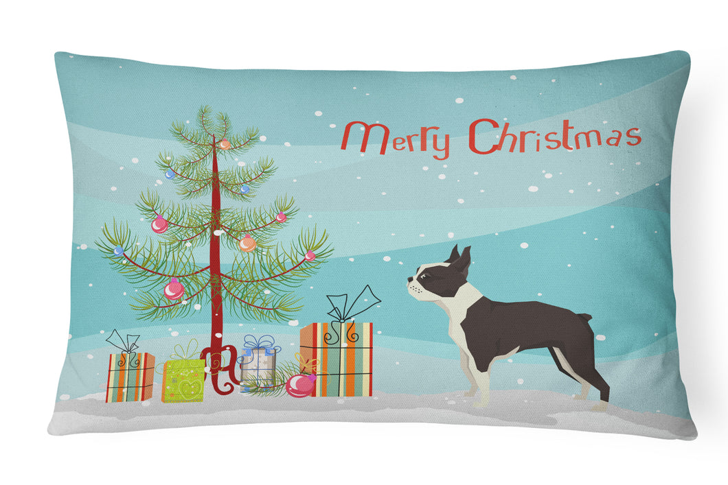 12 in x 16 in  Outdoor Throw Pillow Boston Terrier Christmas Tree Canvas Fabric Decorative Pillow