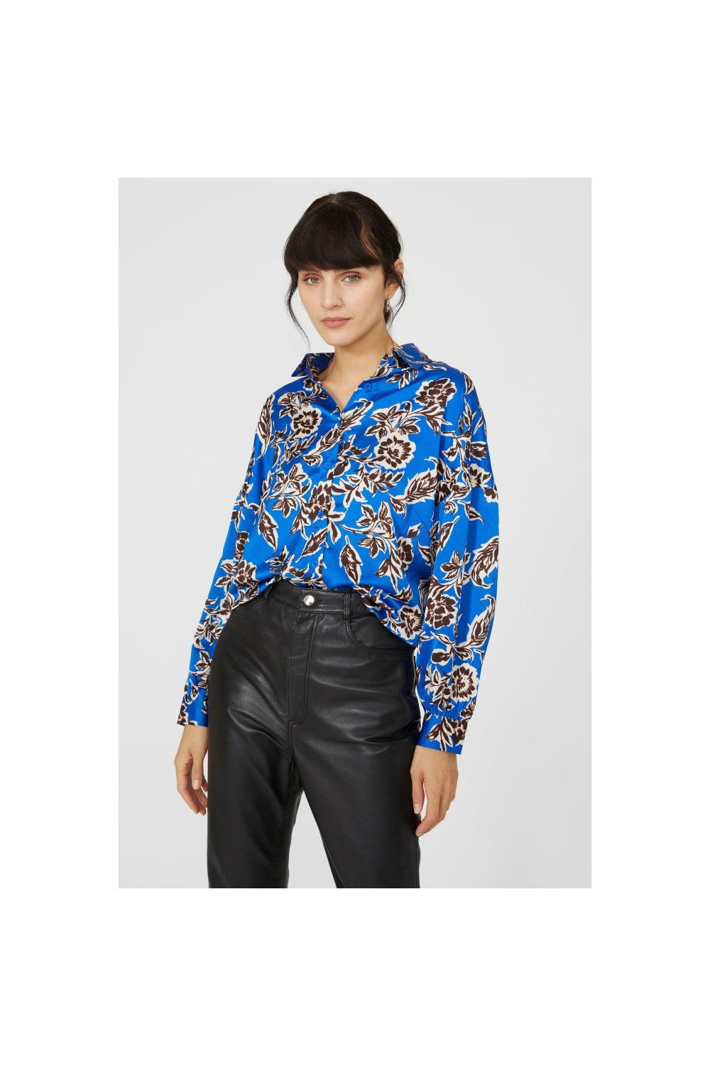 Womens/Ladies Floral Satin Shirt - Cobalt Blue