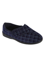 Load image into Gallery viewer, Mens George Touch Fastening Check Velour Slippers (Navy Blue)