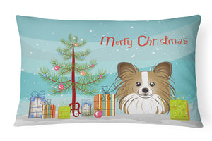 12 in x 16 in  Outdoor Throw Pillow Christmas Tree and Papillon Canvas Fabric Decorative Pillow