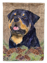 Load image into Gallery viewer, 11&quot; x 15 1/2&quot; Polyester Rottweiler On Faux Burlap With Pine Cones Garden Flag 2-Sided 2-Ply