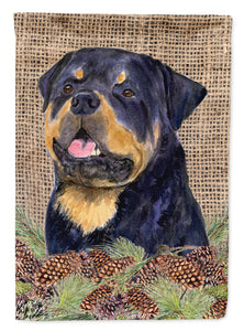 11" x 15 1/2" Polyester Rottweiler On Faux Burlap With Pine Cones Garden Flag 2-Sided 2-Ply