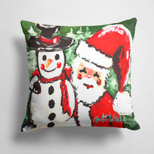 Load image into Gallery viewer, 14 in x 14 in Outdoor Throw PillowFriends Snowman and Santa Claus Fabric Decorative Pillow